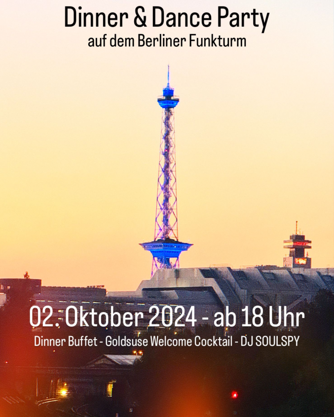 Funkturm in der Abenstimmung Himmel Einladung am 02. Oktober zur Dinner-Dance-Party